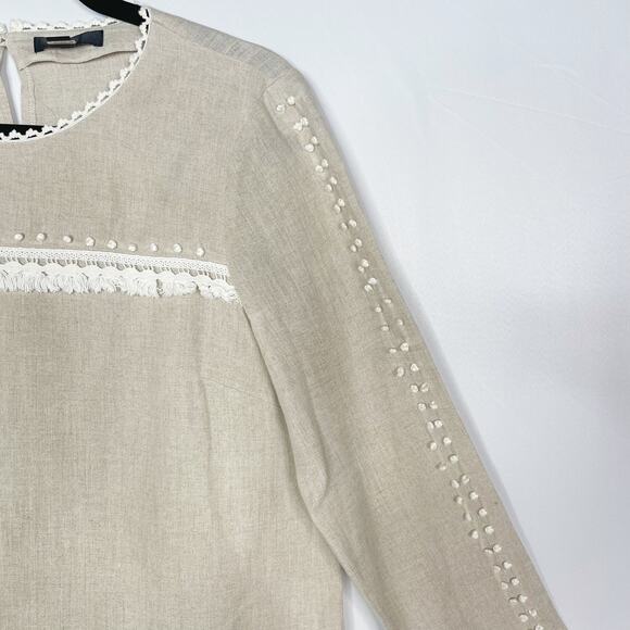 J Crew Womens Size 2 Cream White Embroidered Linen Top with Pom Poms Crew Neck - Picture 6 of 12